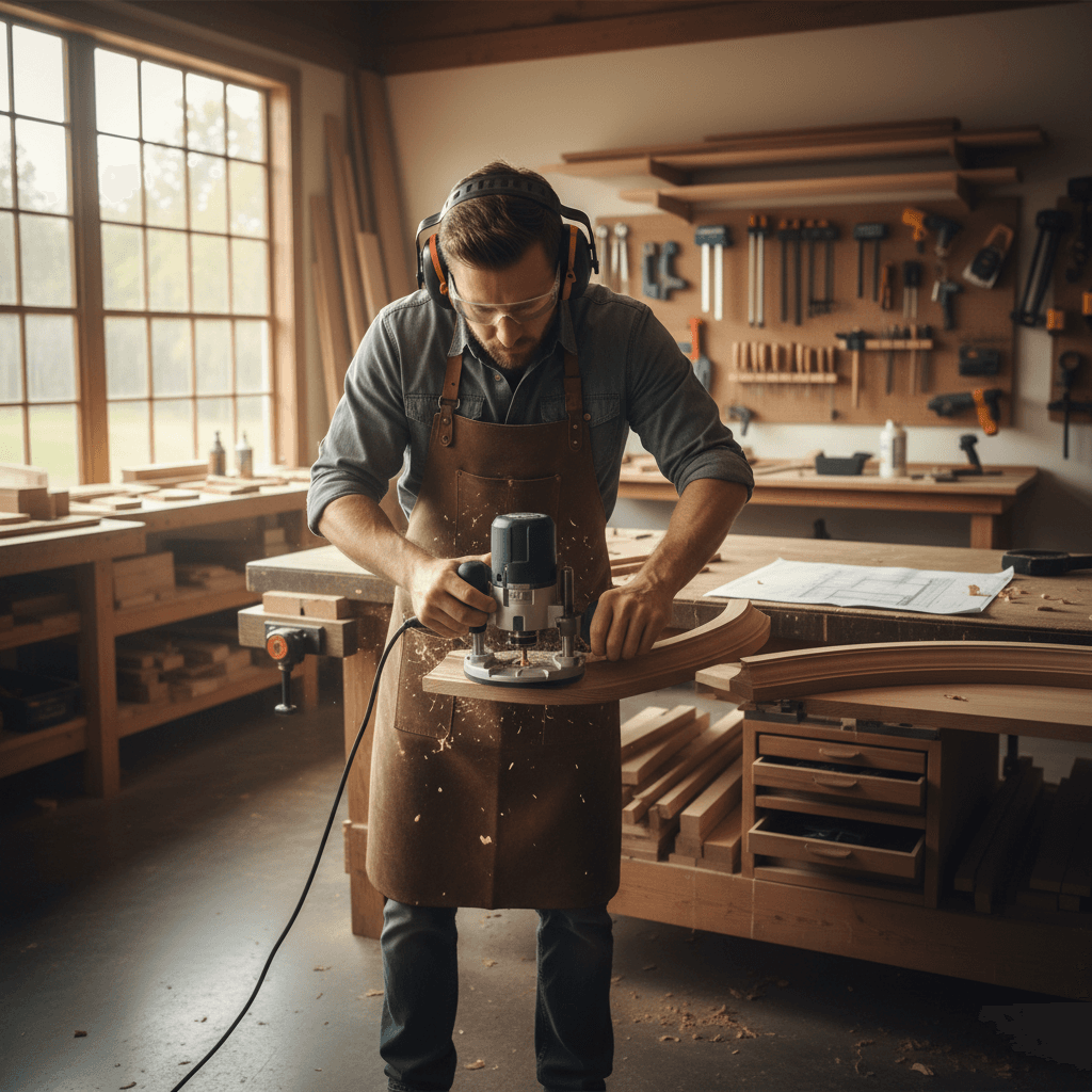 Woodworker in a leather apron uses a router on a curved piece of wood.