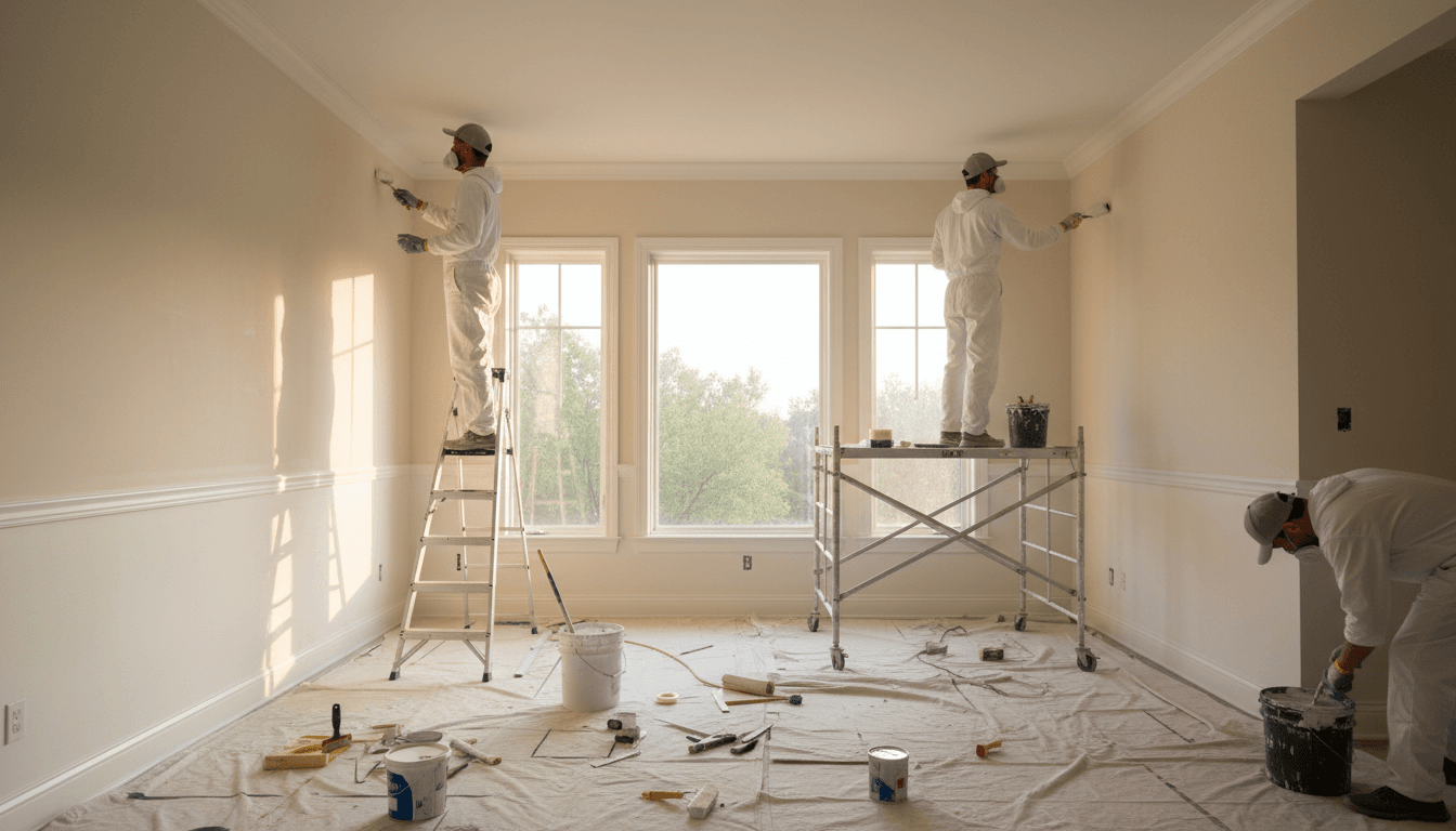 Construction team completing apartment interior renovation