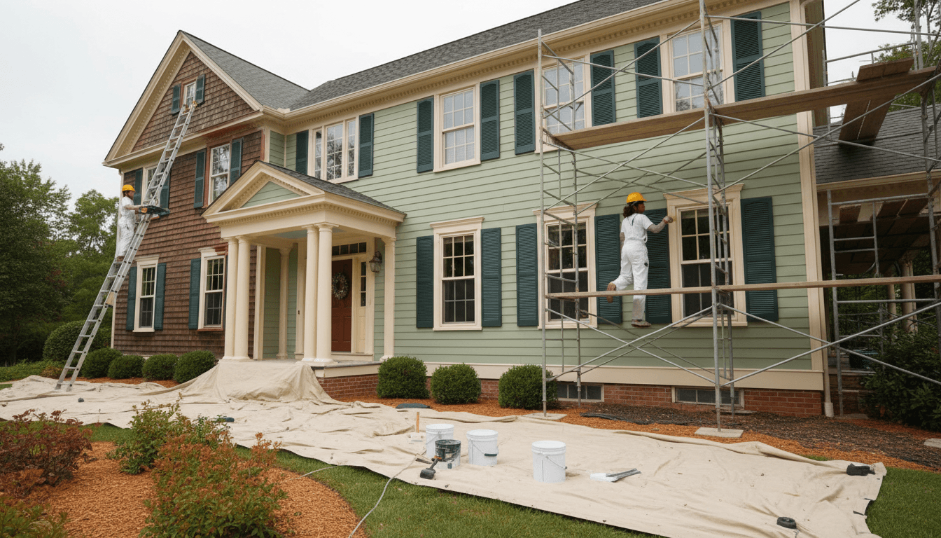 Professional painters applying fresh exterior paint to residential home facade using scaffolding and ladders