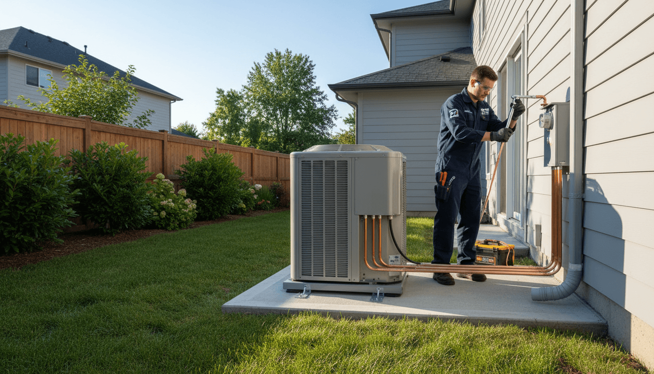 Professional HVAC technician installing outdoor air conditioning condenser unit with copper lines and electrical connections in residential backyard